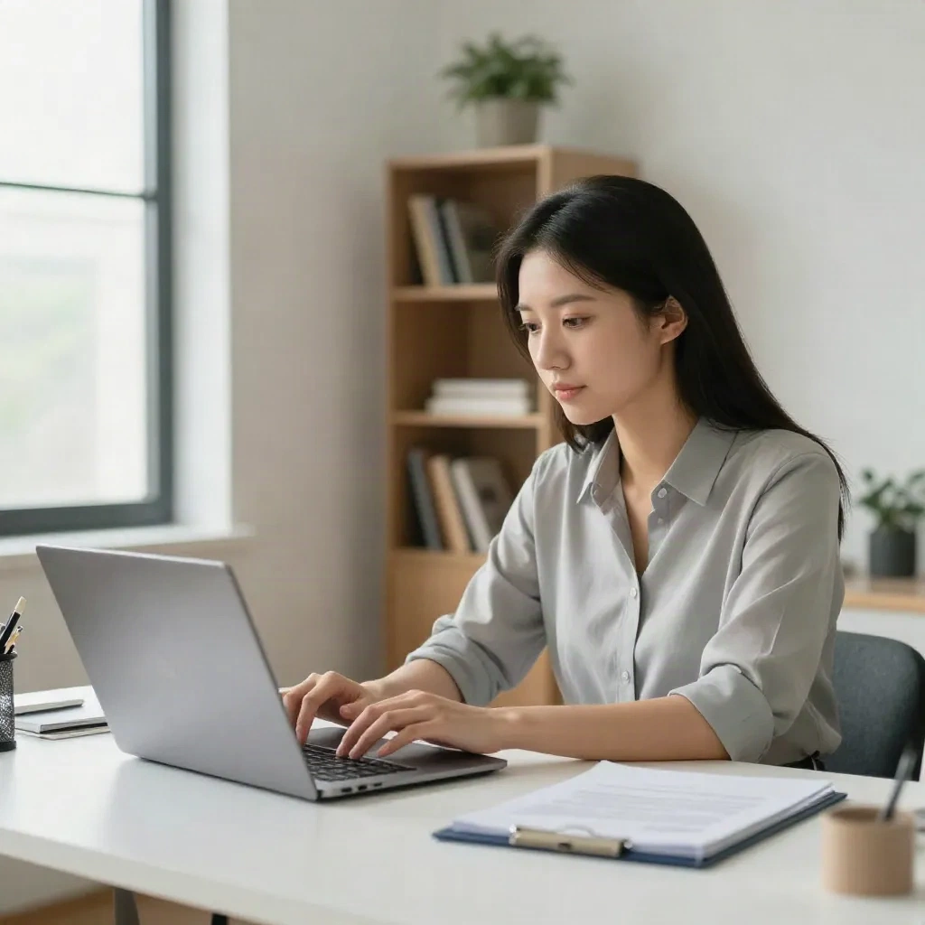 Solo-Fachkraft am Homeoffice-Schreibtisch mit Laptop, natürliches Tageslicht, konzentriert und ruhig