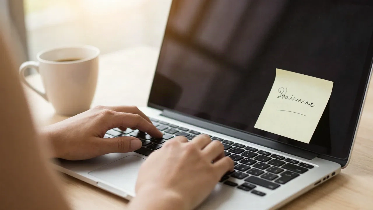Close-up of someone typing at a laptop with a handwritten sticky note reminder on the screen bezel