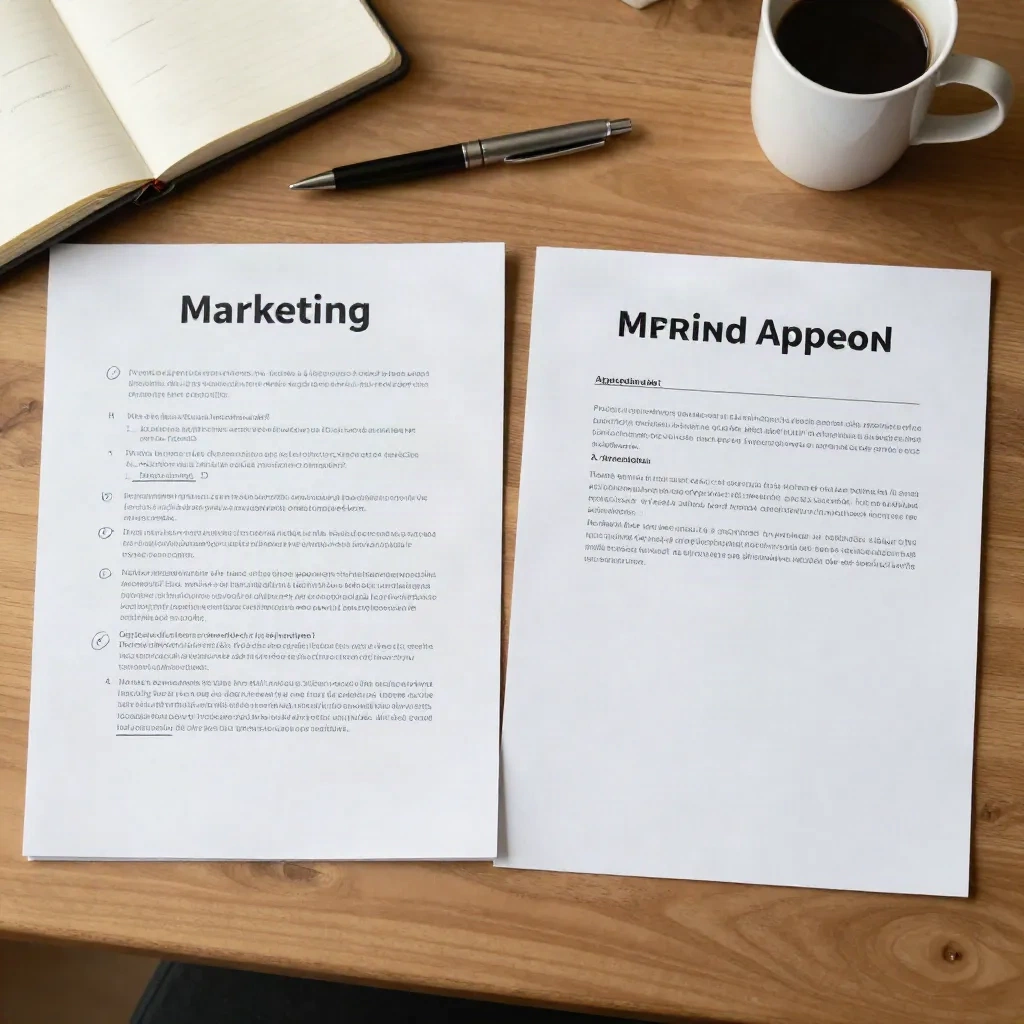 Zwei Marketing-Entwürfe auf einem Schreibtisch, einer kommentiert und einer sauber und freigegeben, Notizbuch und Kaffee daneben