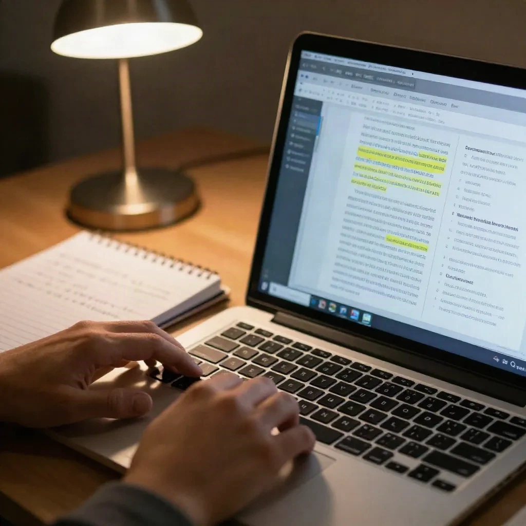 Hands typing on a laptop with a document editor showing side-by-side text comparison