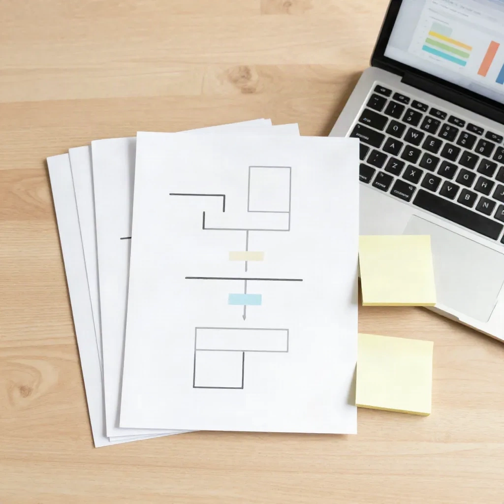 Content-Pipeline-Visualisierung, Flat-Lay-Schreibtisch mit geschichteten Dokumenten und Laptop mit verschwommenen Analytics