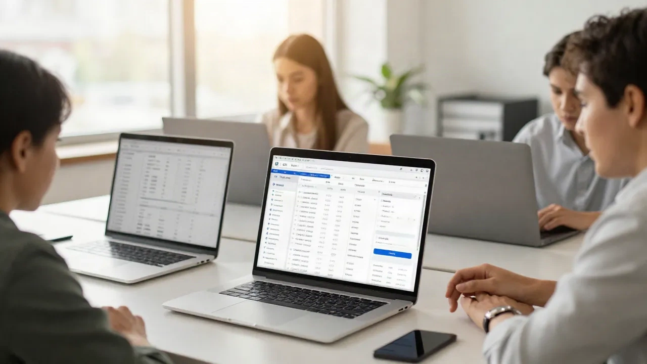 Marketingteam werkruimte met analytics dashboards en contentbriefings op laptopschermen