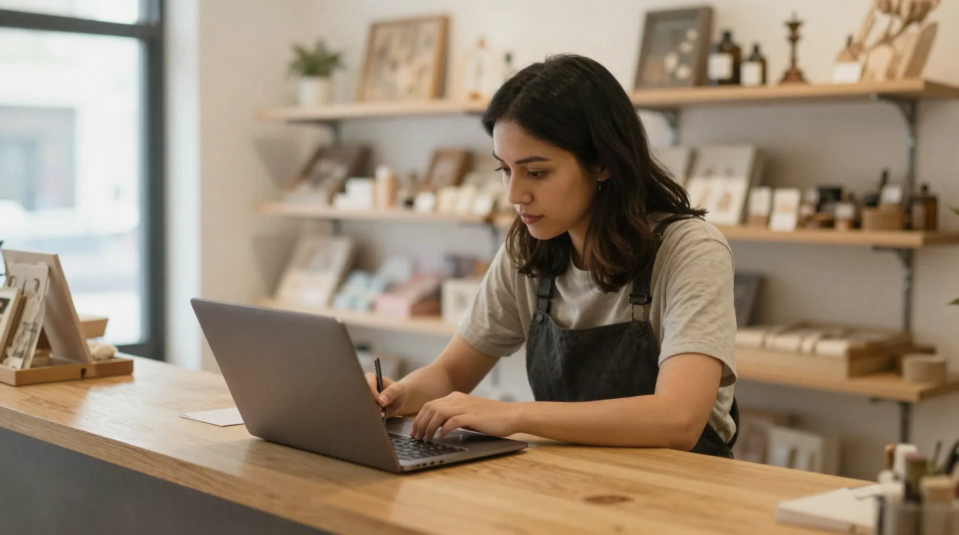 Small business owner writing marketing copy on a laptop at a shop counter
