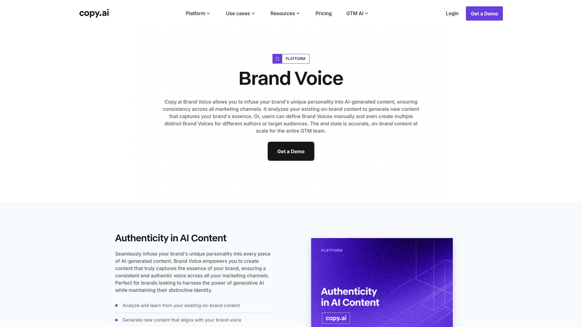 Pagina della funzione Brand Voice di Copy.ai
