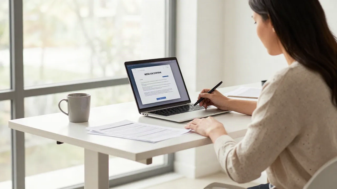 Professional communicator writing a media pitch email at a modern workspace
