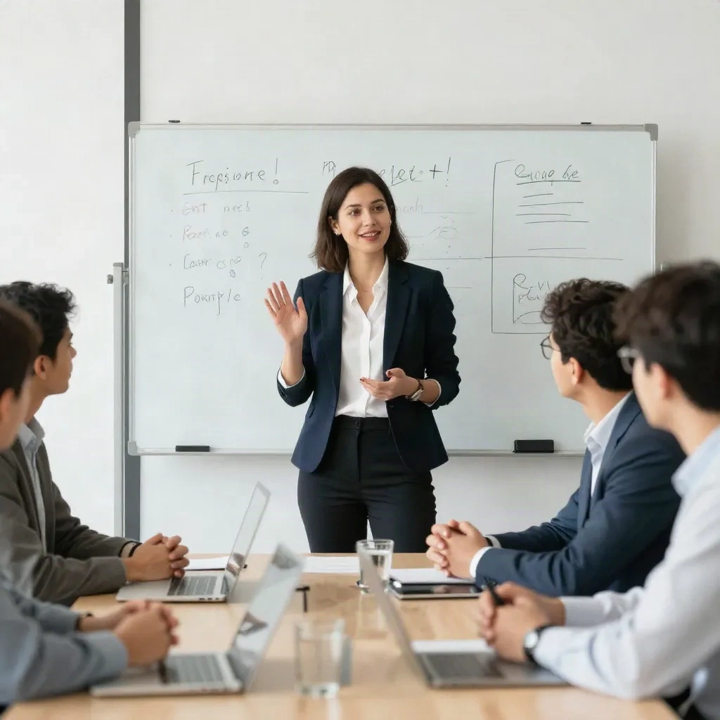 Un professionnel en relations publiques présentant un pitch de sujet à une petite équipe dans un bureau lumineux