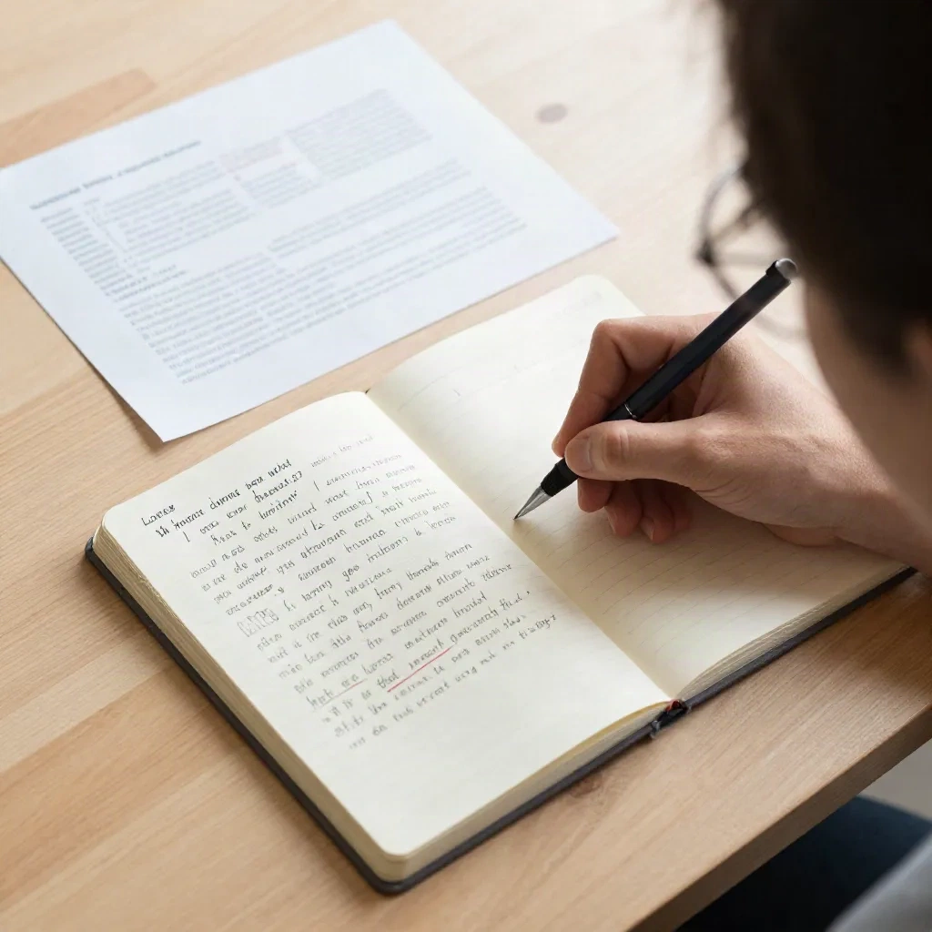 Writer editing an email draft with red pen annotations on paper