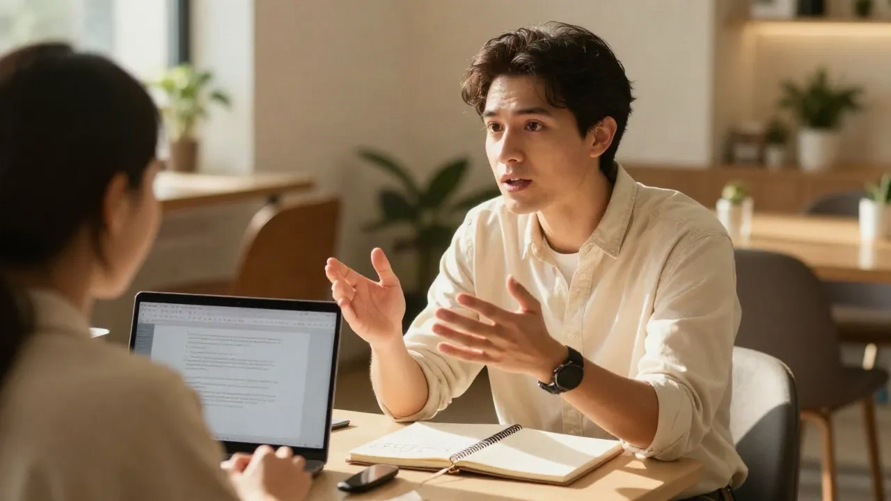 A founder explaining their elevator pitch to a colleague across a small table in a bright co-working space