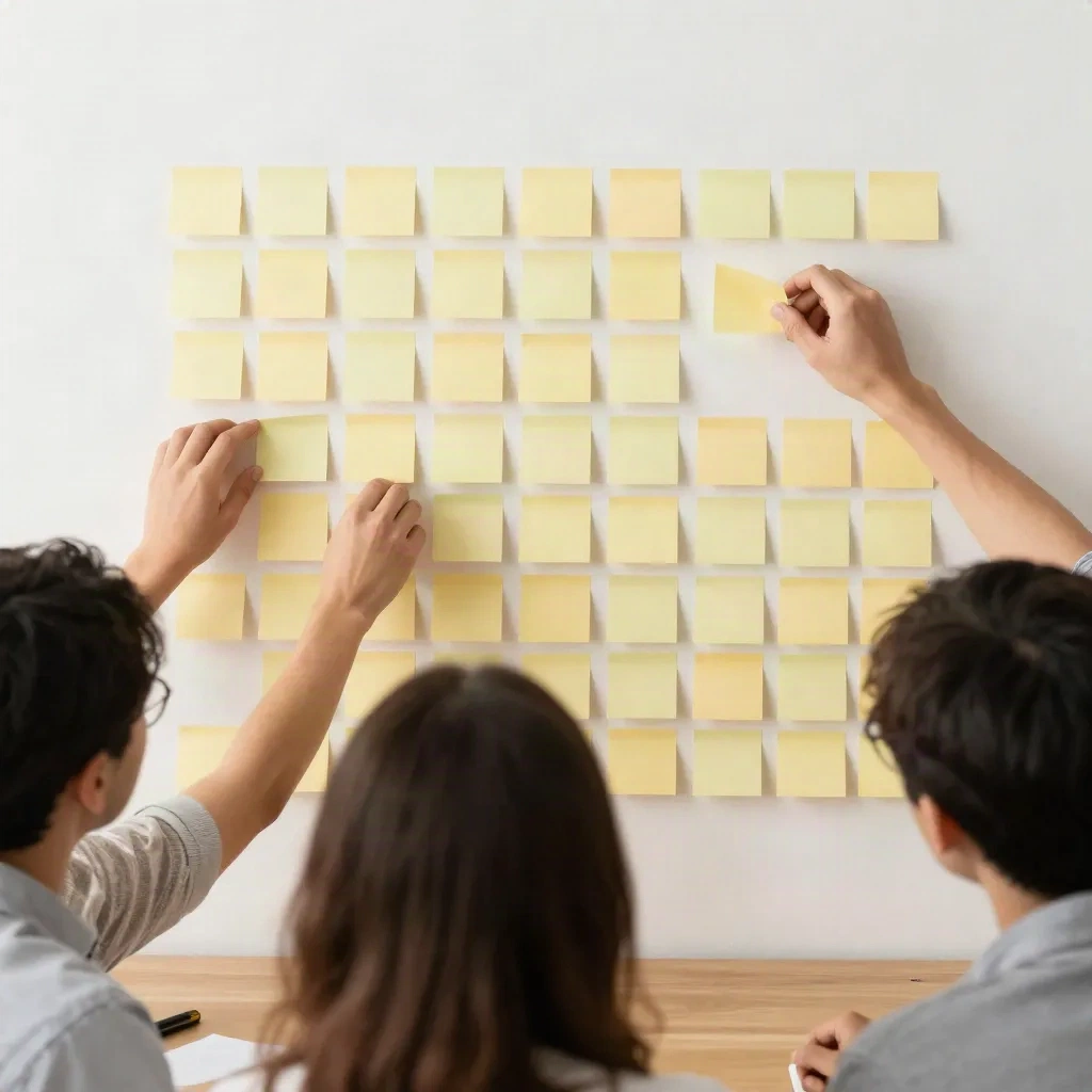 A team sorting sticky notes into columns on a studio wall