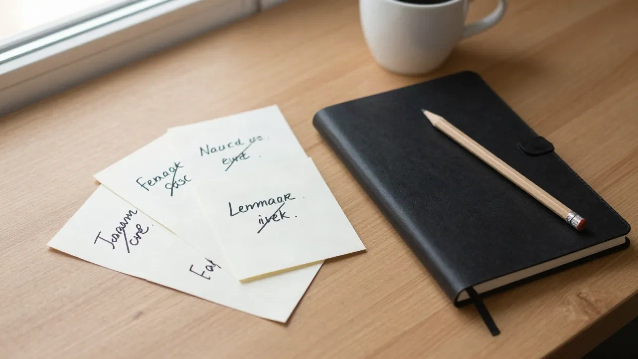 Index cards with crossed-out short phrases fanned out on a copywriter's desk