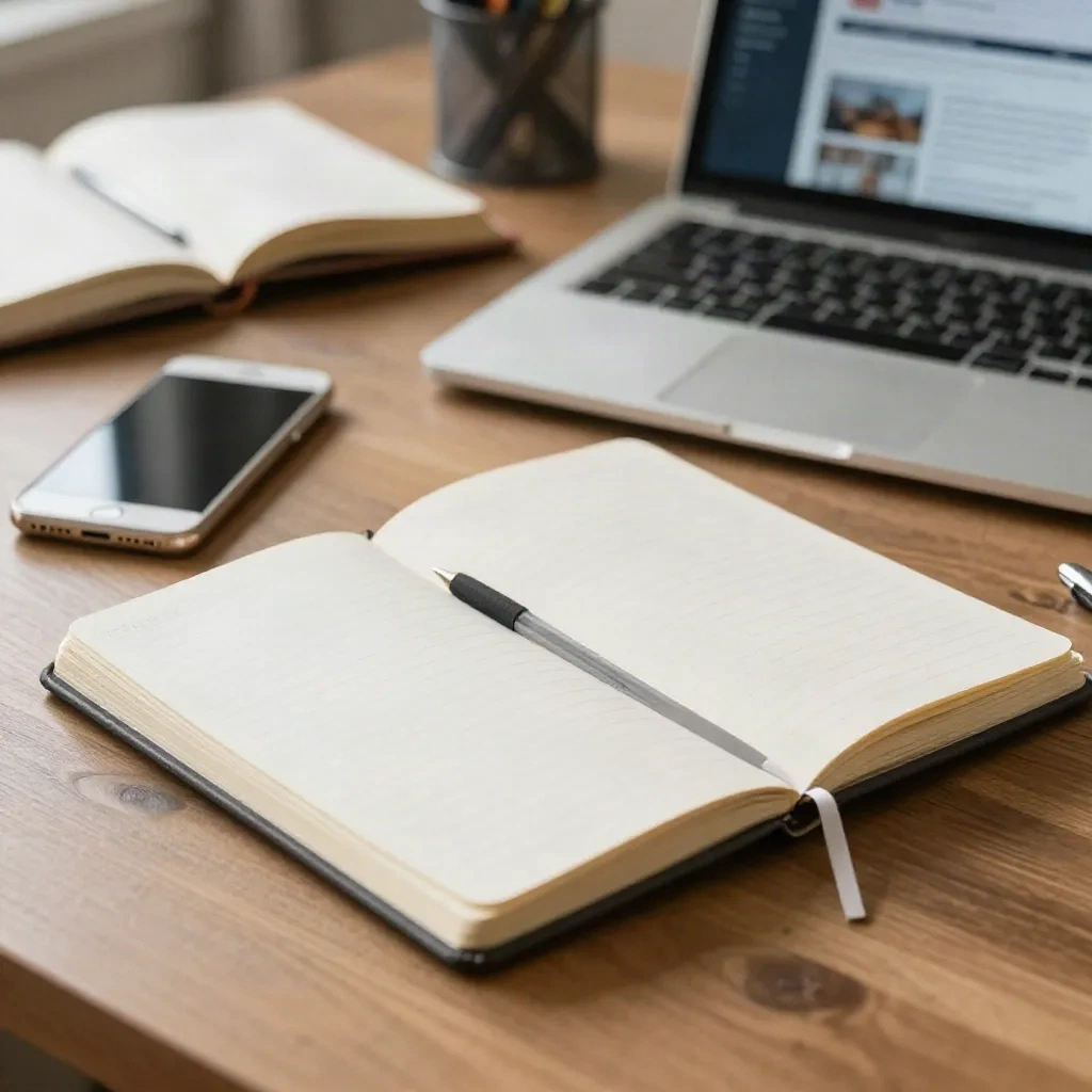 Der Schreibtisch einer Journalistin mit Notizbuch, Telefon und Laptop im Morgenlicht