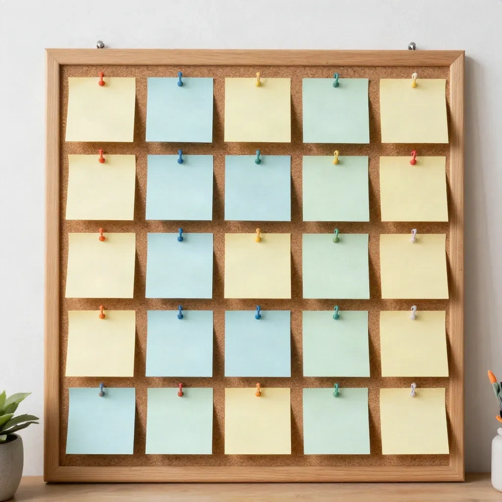 Papan gabus dengan kisi-kisi catatan tempel pastel kosong sebagai kalender konten