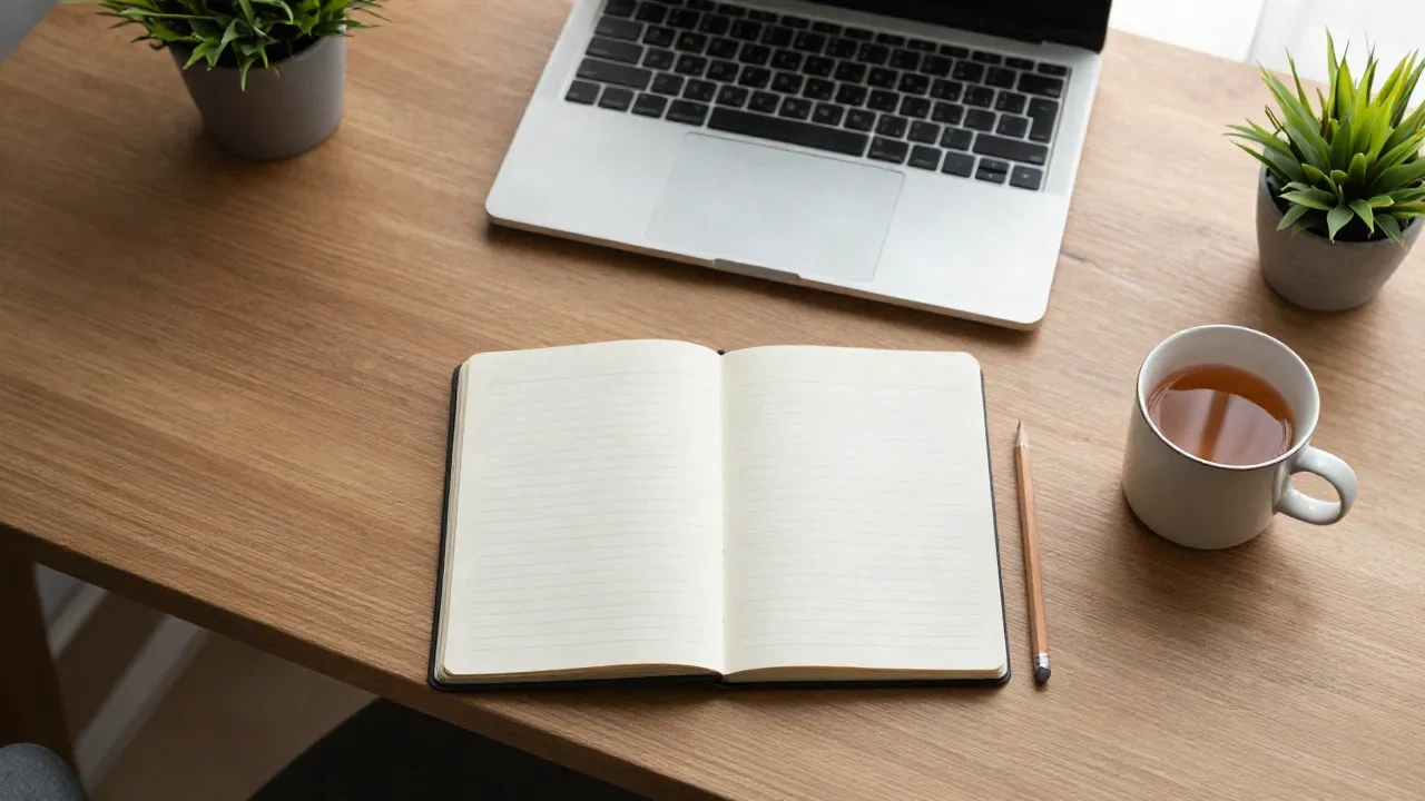 Ein aufgeräumter Schreibtisch mit einem aufgeschlagenen leeren Notizbuch, einem Bleistift, einem Laptop und einer Tasse Tee
