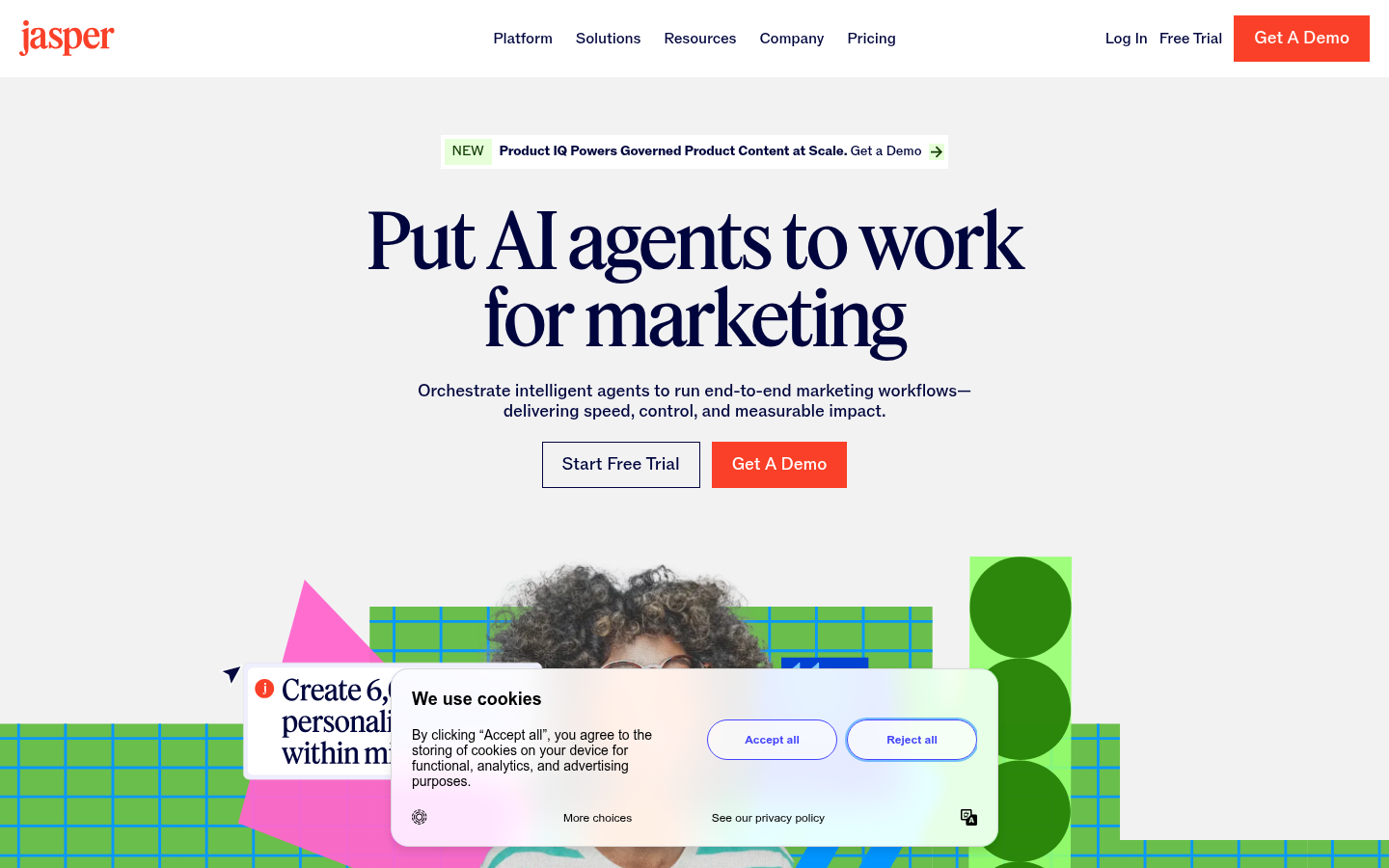 Jasper-Homepage-Screenshot, Oktober 2026: Setze KI-Agenten für Marketing ein