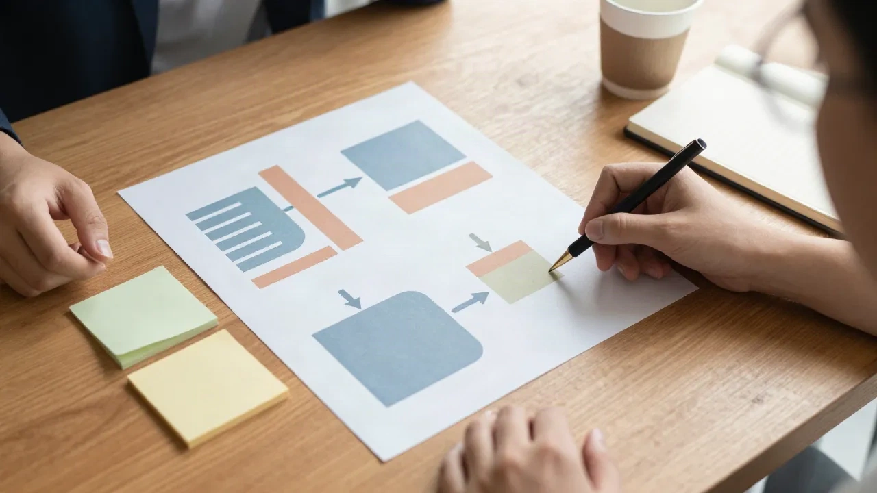Marketing-Team skizziert eine B2B-Strategie auf einem einseitigen Diagramm an einem Holztisch