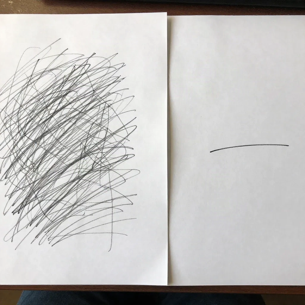 A crumpled scribbled draft beside a clean sheet with one short line