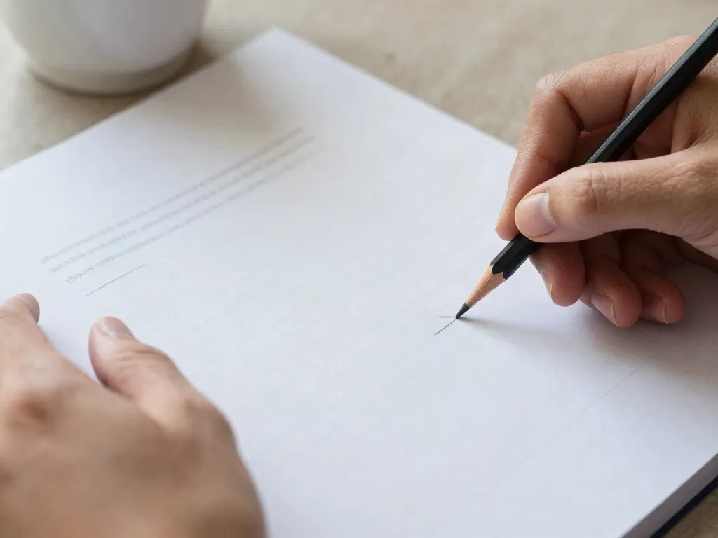 Hands editing a printed page with a pencil, striking out filler words