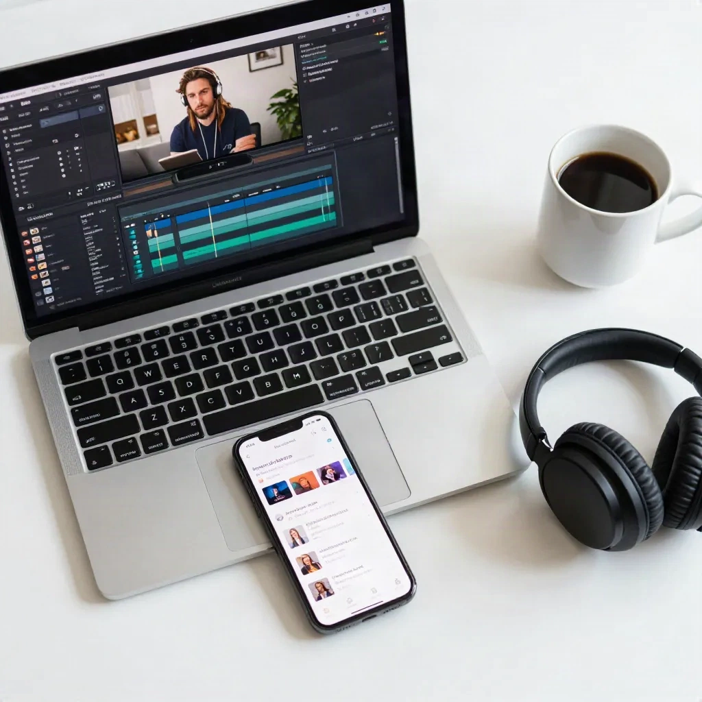 Modern creator workspace with laptop and editing setup