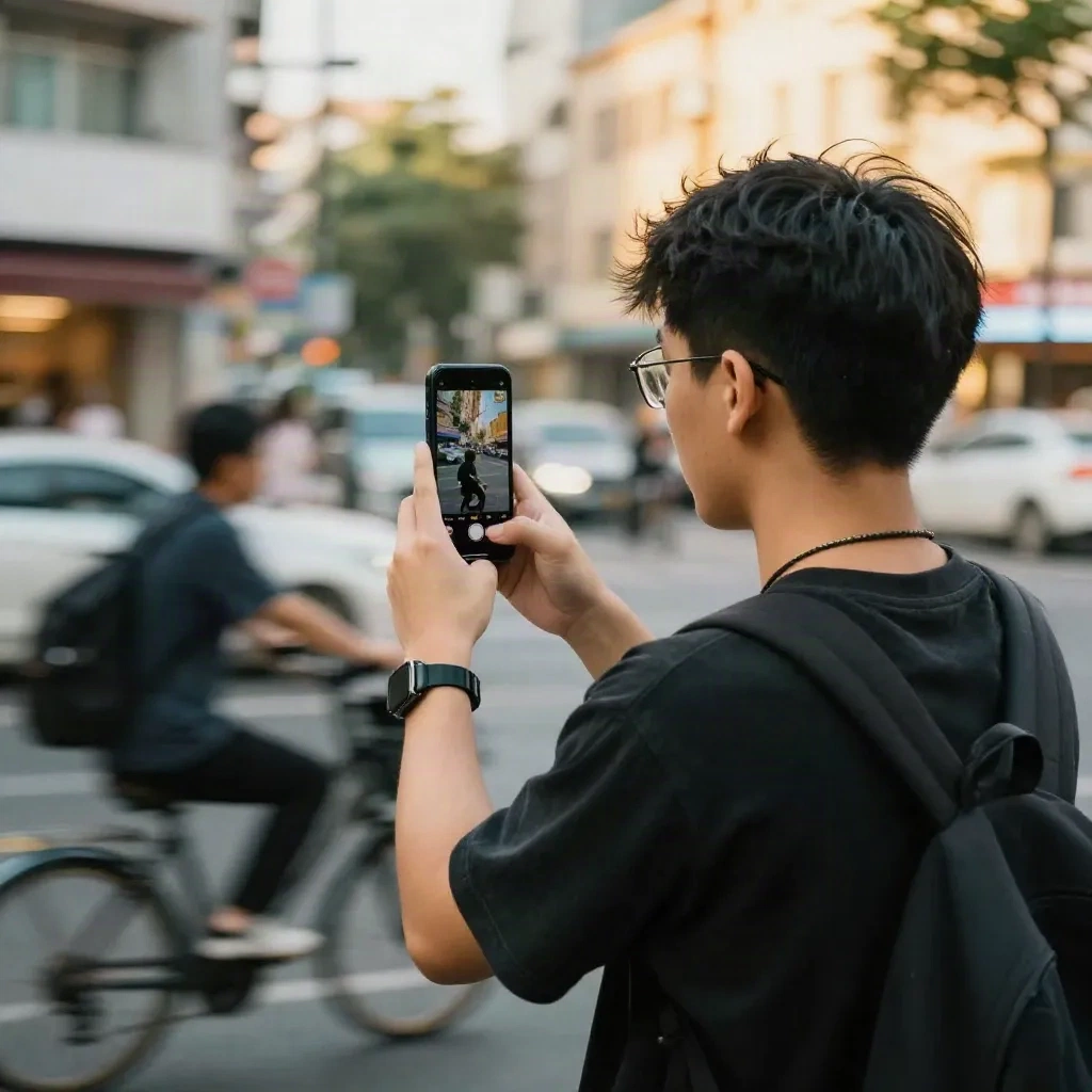 Content creator filming time-lapse video on smartphone