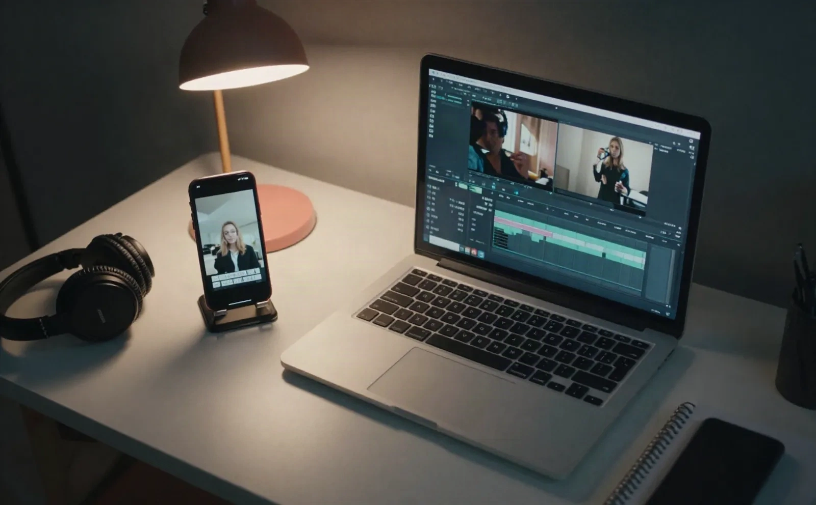 Home studio desk with a phone showing a short vertical video next to a laptop editing timeline