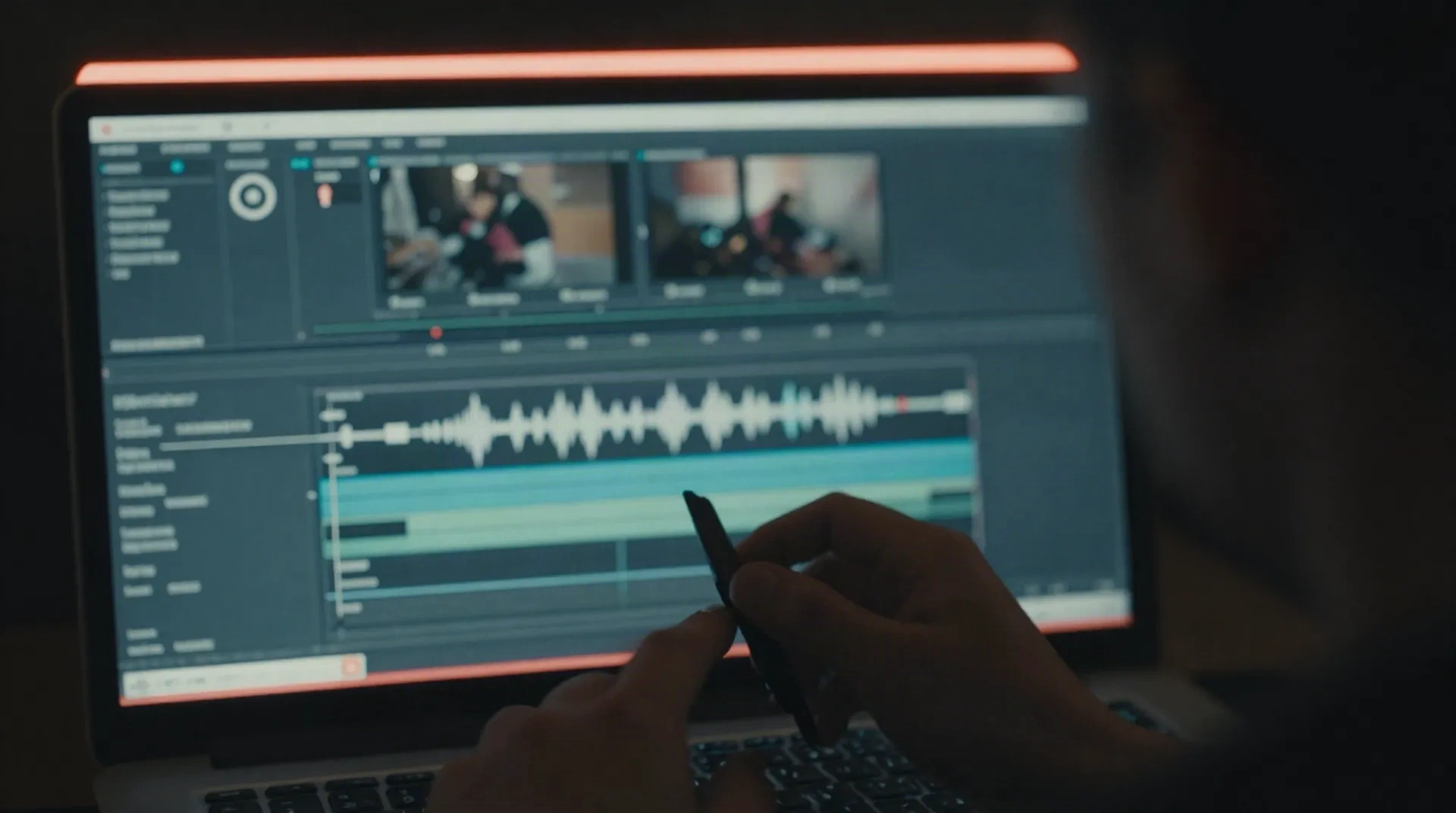 Editing bay close-up of hands trimming a video clip on a laptop timeline