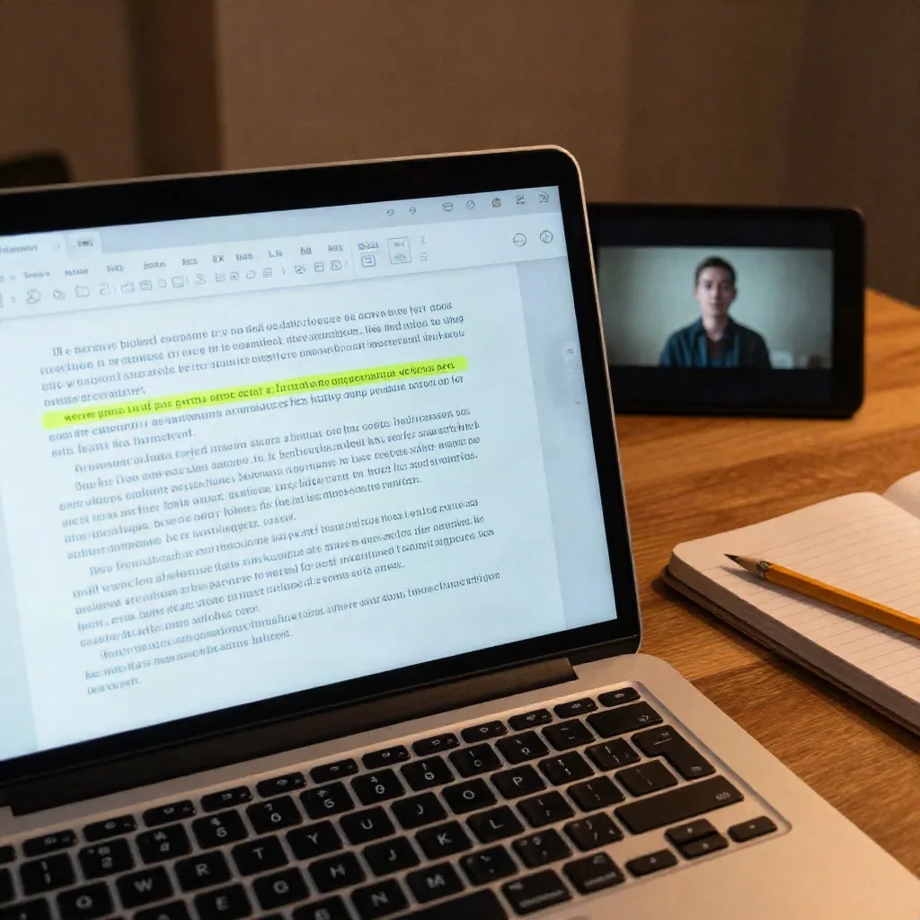 Laptop zeigt ein Transkripton mit einem hervorgehobenen Wort zur Korrektur