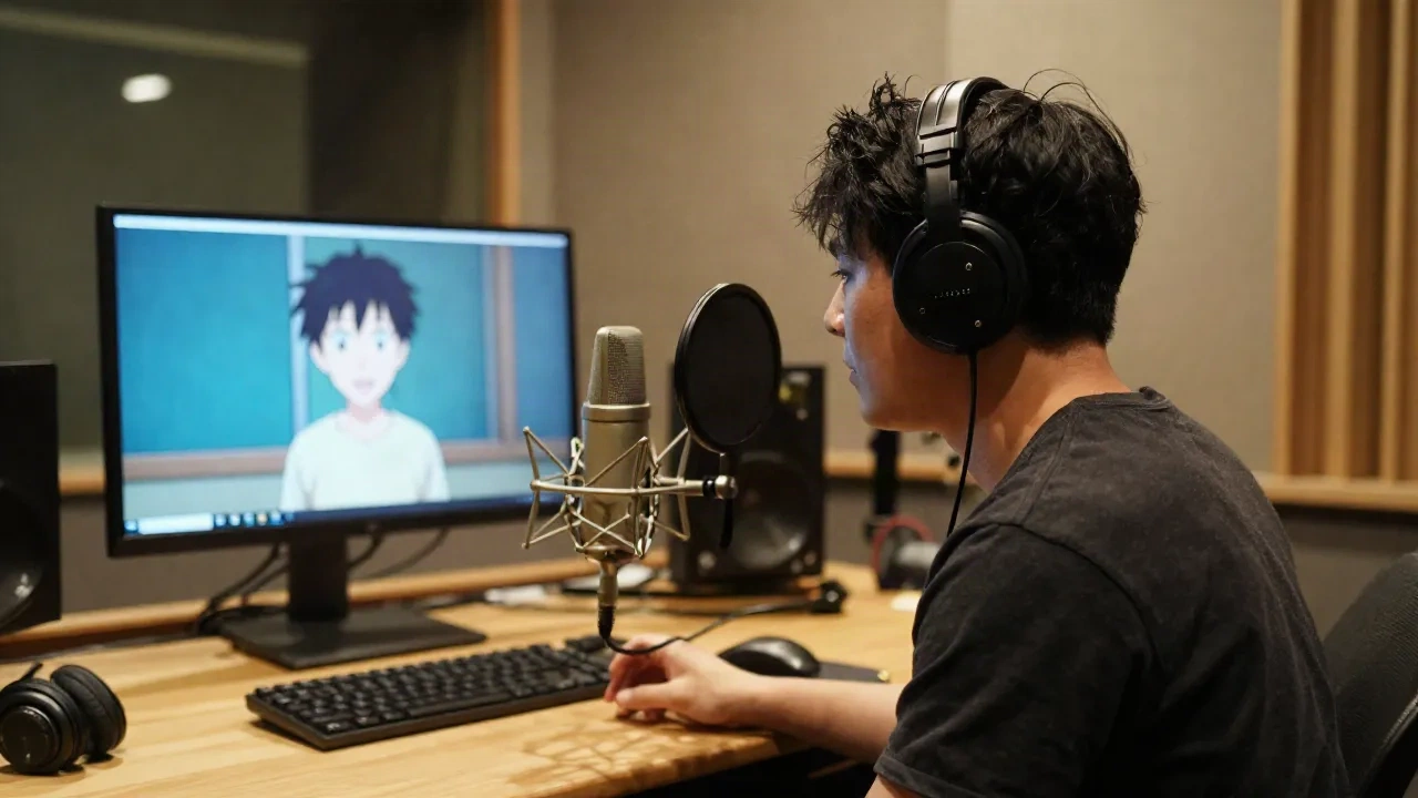 Professional anime dubbing studio recording session with voice actor at microphone