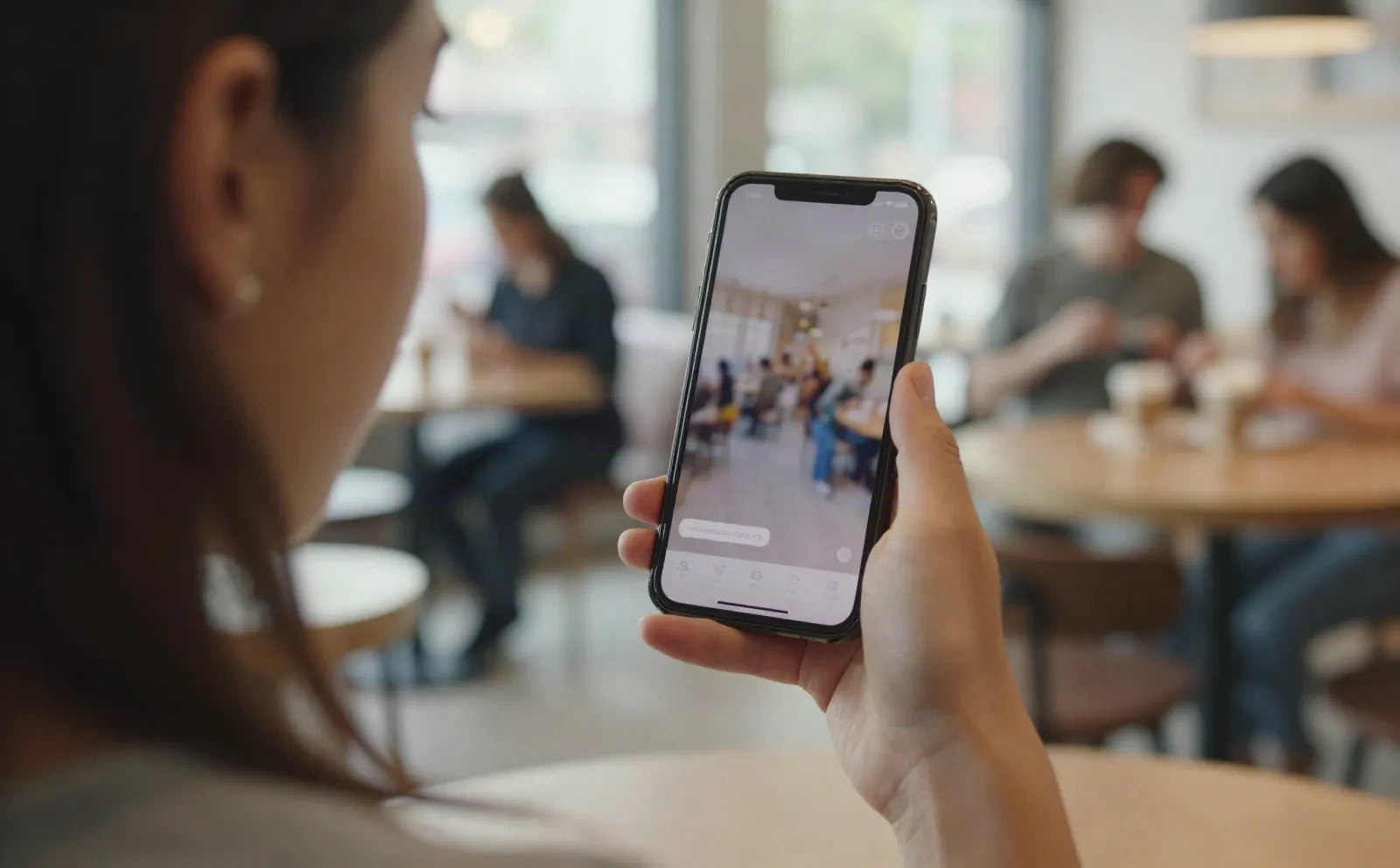 Woman watching a vertical video clip on her phone with the sound off in a busy coffee shop
