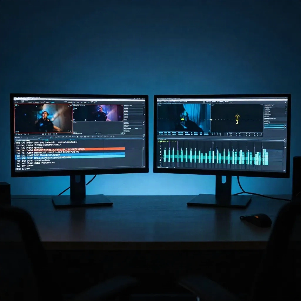 Two video editing monitors comparing subtitle tracks and audio dubbing waveforms in a dark studio