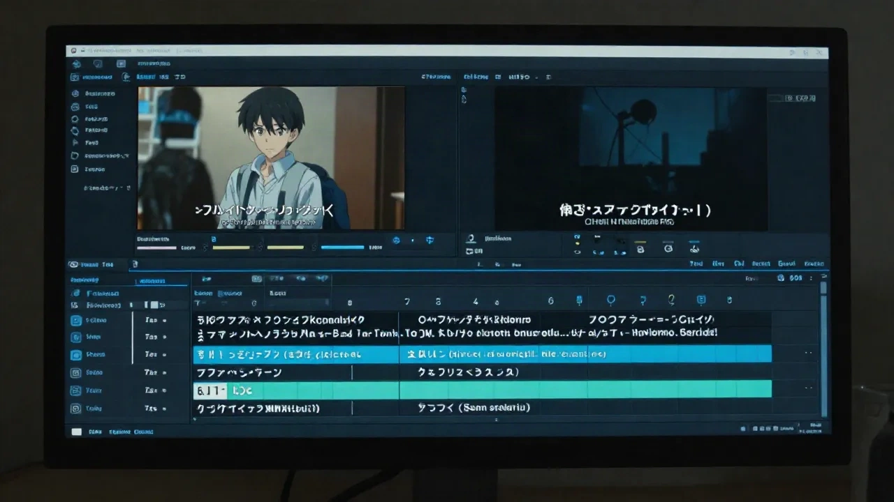 Editor de video mostrando timeline de anime con pistas de subtítulos lado a lado en un espacio de trabajo de postproducción profesional