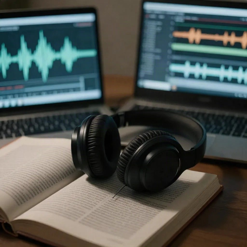 Headphones on manga book beside laptop with audio waveform tracks