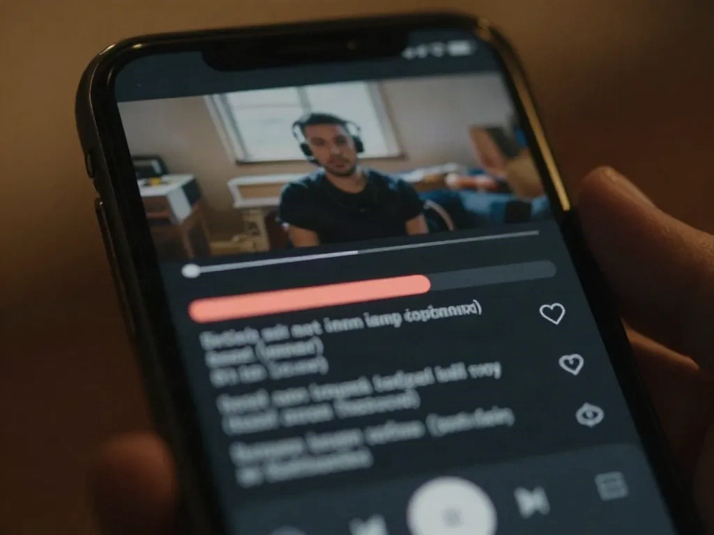Phone showing a paused video with caption lines below it, illustrating how a viewer skims a video summary instead of watching it in full