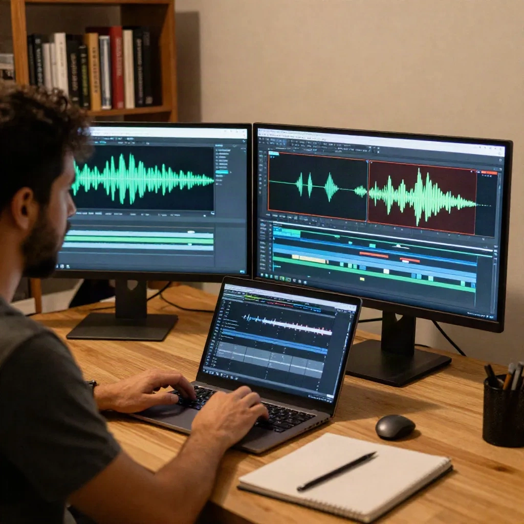 Video creator editing audio and subtitle tracks on a dual-monitor workstation