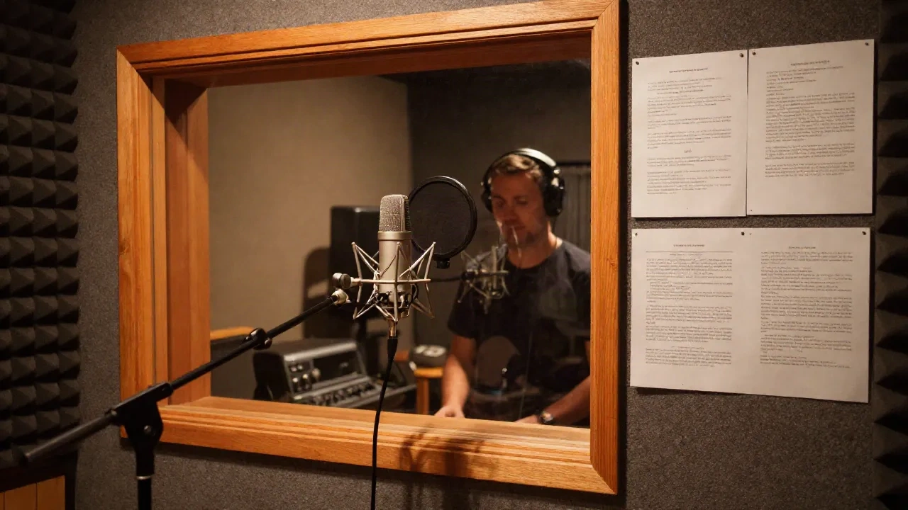 Voice actor in a professional recording booth, dubbing content for international audiences