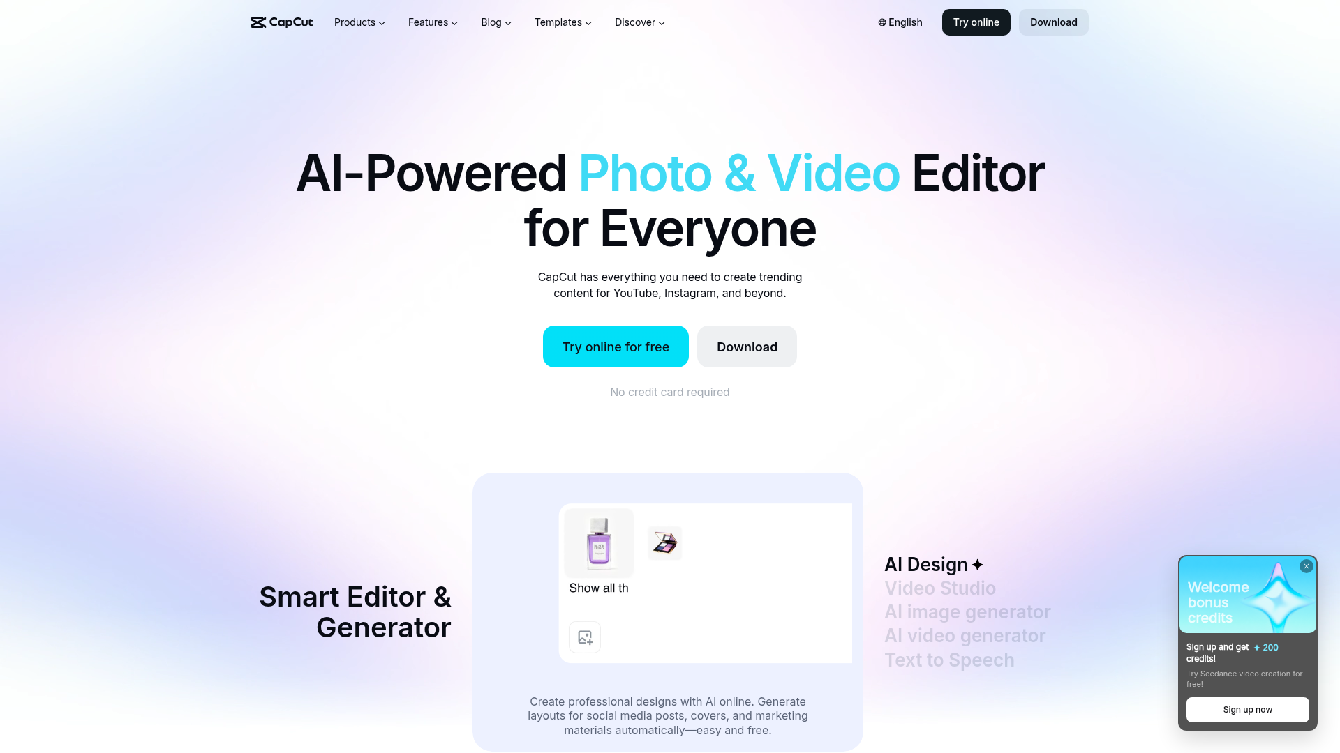 CapCut homepage — AI-powered photo and video editor landing page