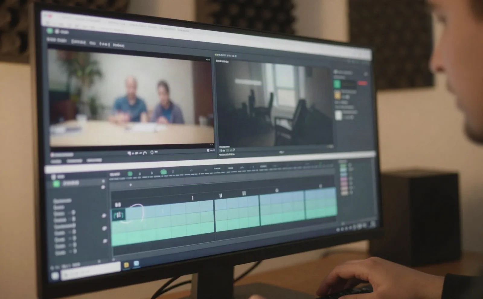 Editor reviewing subtitle timing on a widescreen monitor in a small home studio