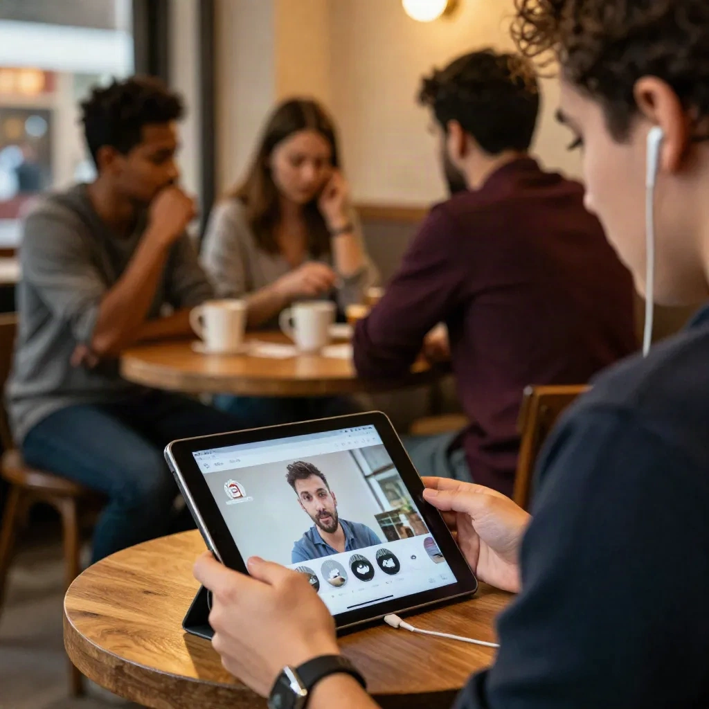 Person watching a dubbed video on a tablet in a coffee shop, earphones in, engaged with international content