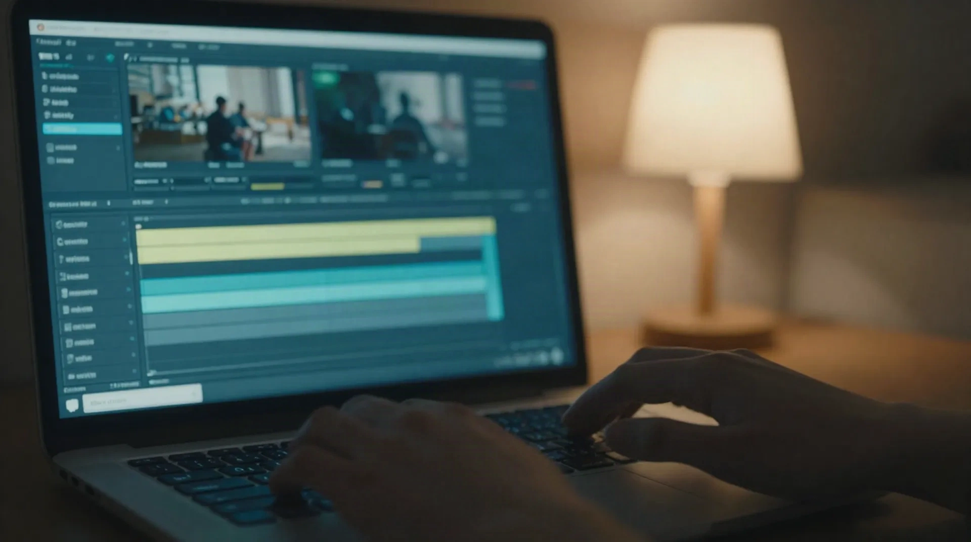 Le mani di un editor sulla tastiera del laptop, di notte, con timeline video e traccia didascalie luminosa sullo schermo