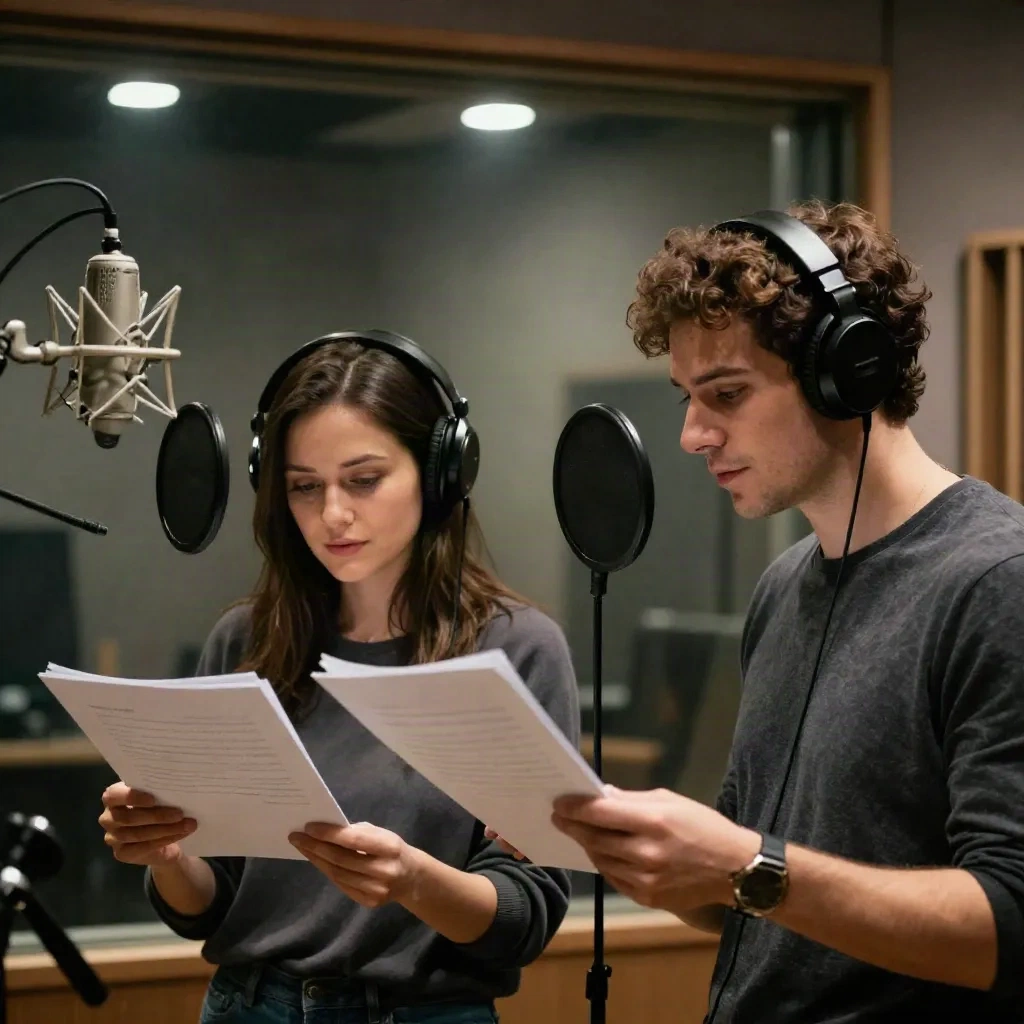 Voice actors in professional recording studio reviewing script pages