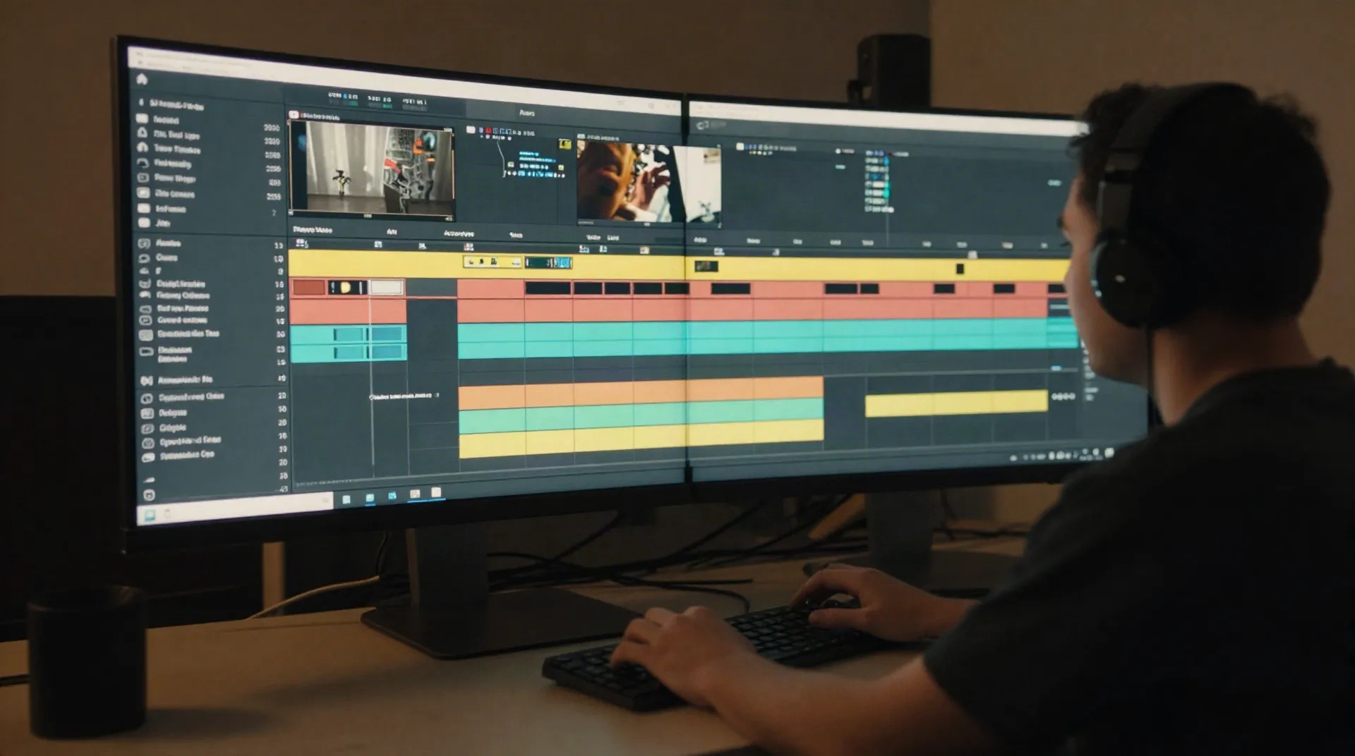 Monteur de dos devant un écran large affichant une timeline de montage vidéo
