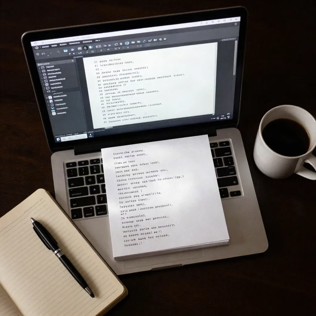 Laptop on a desk with a plain text editor open next to a notebook