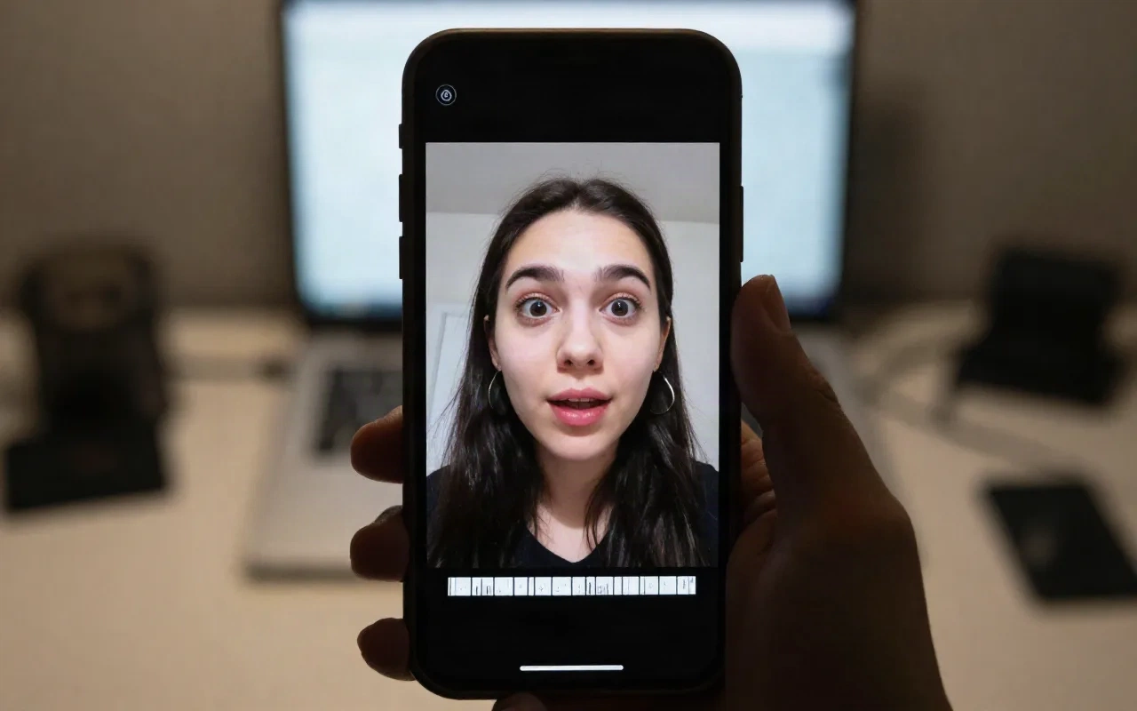 Smartphone tenu à la verticale montrant un clip vertical avec une ligne de sous-titre en bas