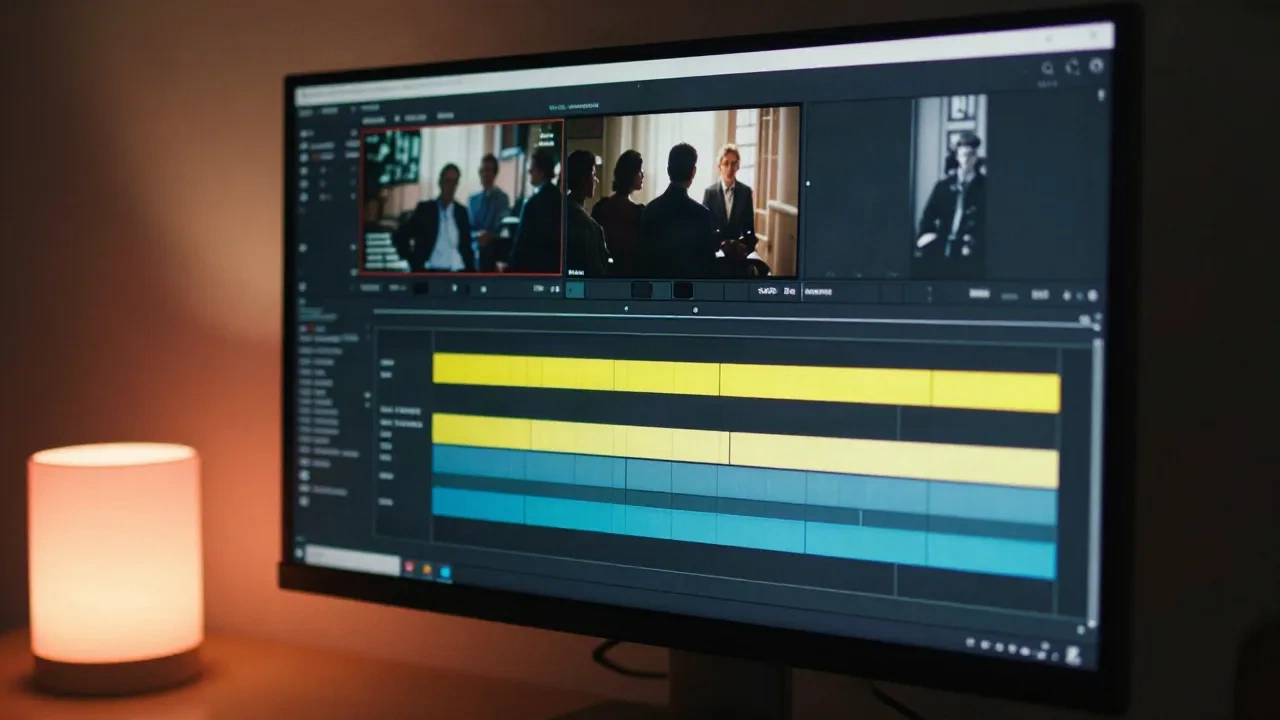 Editing monitor with a paused frame and a glowing subtitle track on the timeline