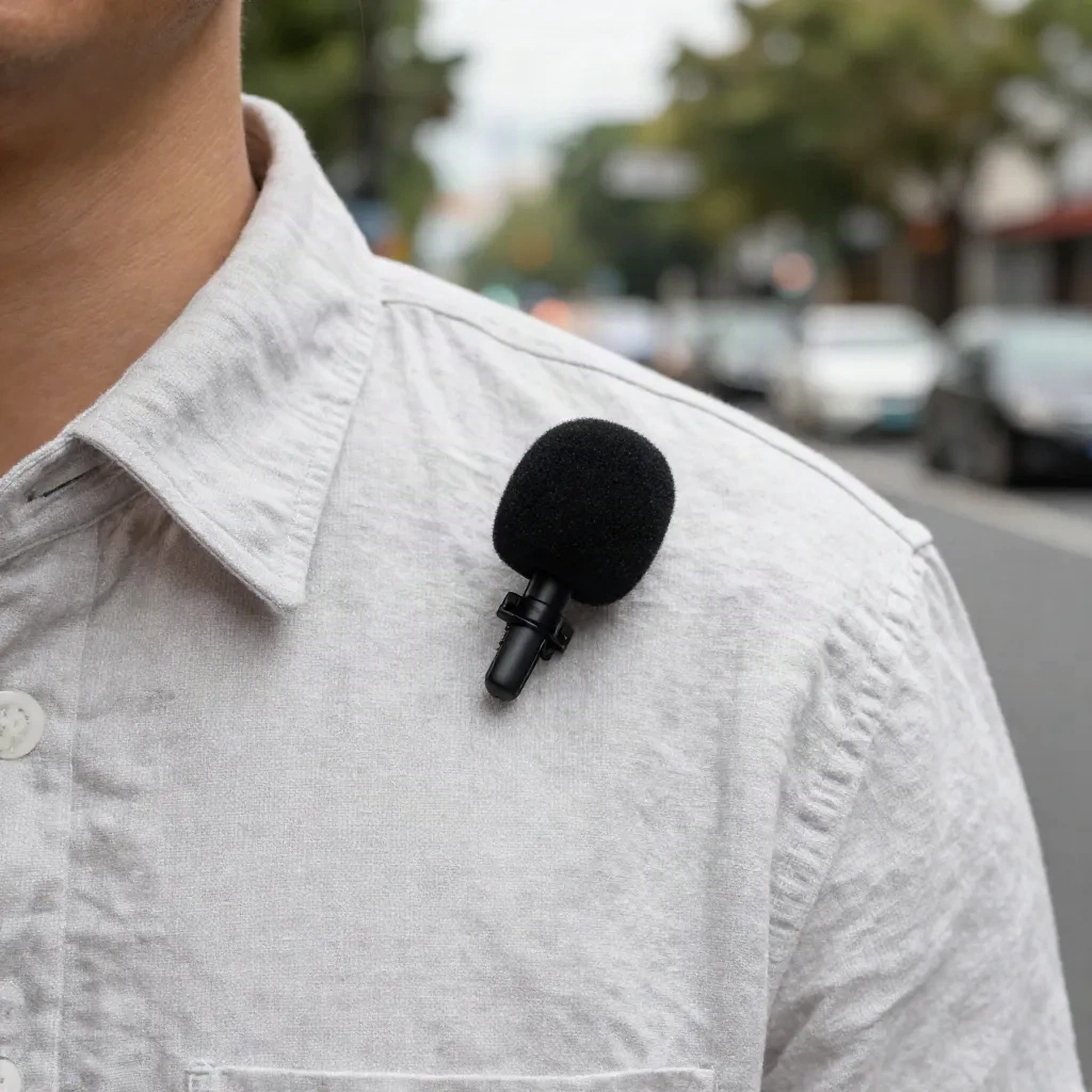 Micro-cravate avec bonnette en mousse accroché à une chemise, dans une rue animée