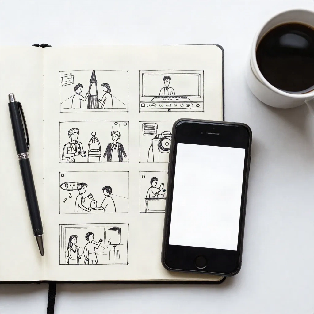 Carnet de croquis de storyboards verticaux posé à côté d'un smartphone