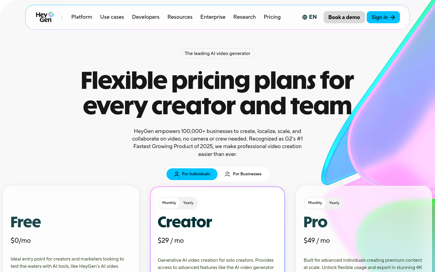HeyGen Preisseite mit Free, Creator $29 und Pro $49 Monatsplänen