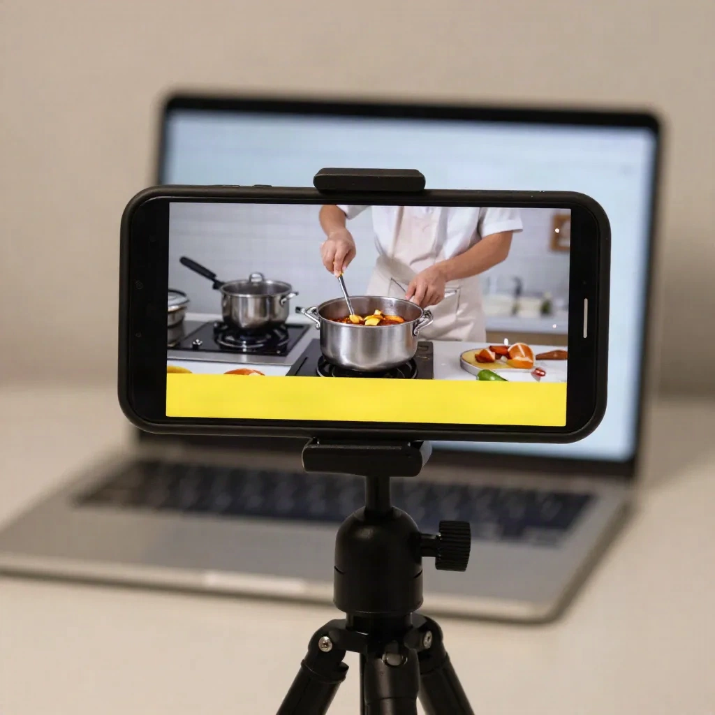 Phone on a tripod playing a vertical video with captions on screen