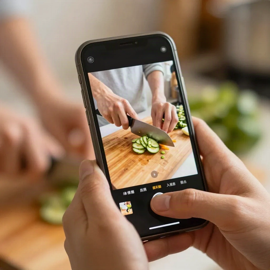 Smartphone tenu à la verticale filmant des mains qui découpent des légumes