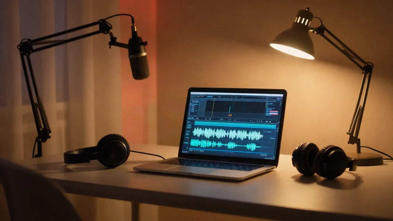 Bureau de montage sombre avec un ordinateur affichant une forme d'onde audio, un micro sur bras et un casque