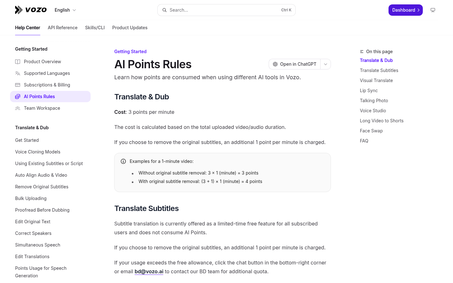 Hilfeseite Vozo AI Points Rules mit 3 Punkten pro Minute für Übersetzen und Dubben